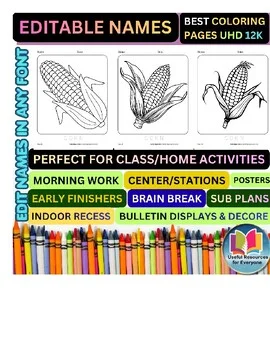 Editable Corn Coloring Pages & Personalized Student Name Worksheets | 50 Premium