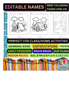 Editable Camping Tent Coloring Pages with Personalized Student Names | 50 Advent